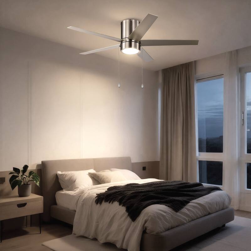 52 in. Indoor Flush Mount Ceiling Fan with 5 Blades & 18W 3CCT LED - 3 Finish Options, Pull Chain Control
