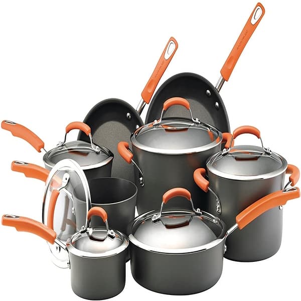 Brights Hard Anodized Nonstick Cookware Pots and Pans Set, 14 Piece, Gray  with Orange Handles - Bed Bath & Beyond - 31480990
