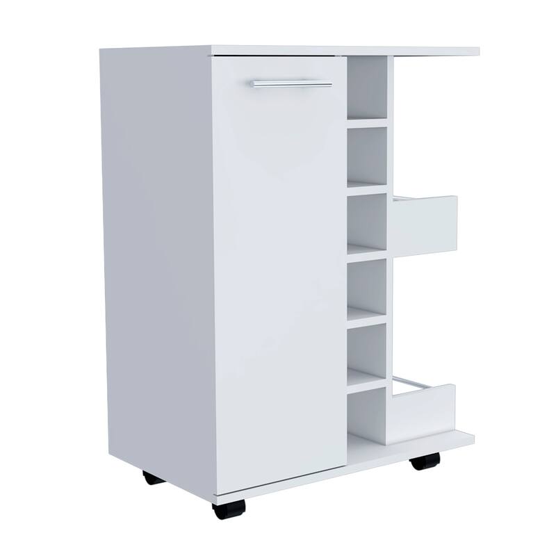 Bar Cart, Four Casters, Six Wine Cubbies, Single Door Cabinet
