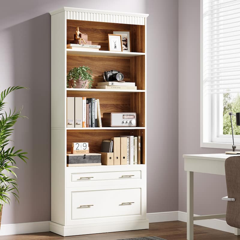 72.8" Tall File Cabinet Bookshelf with 2 Drawers - White/ Oak