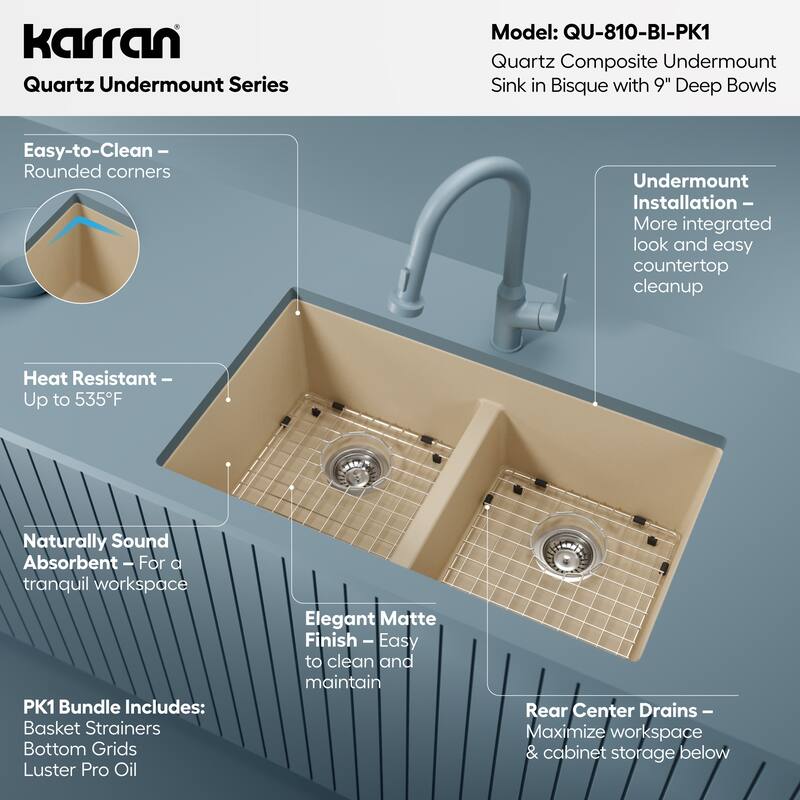 Karran 32" Undermount Double Equal Bowl Quartz Kitchen Sink Kit - 32" x 19.5" x 9"