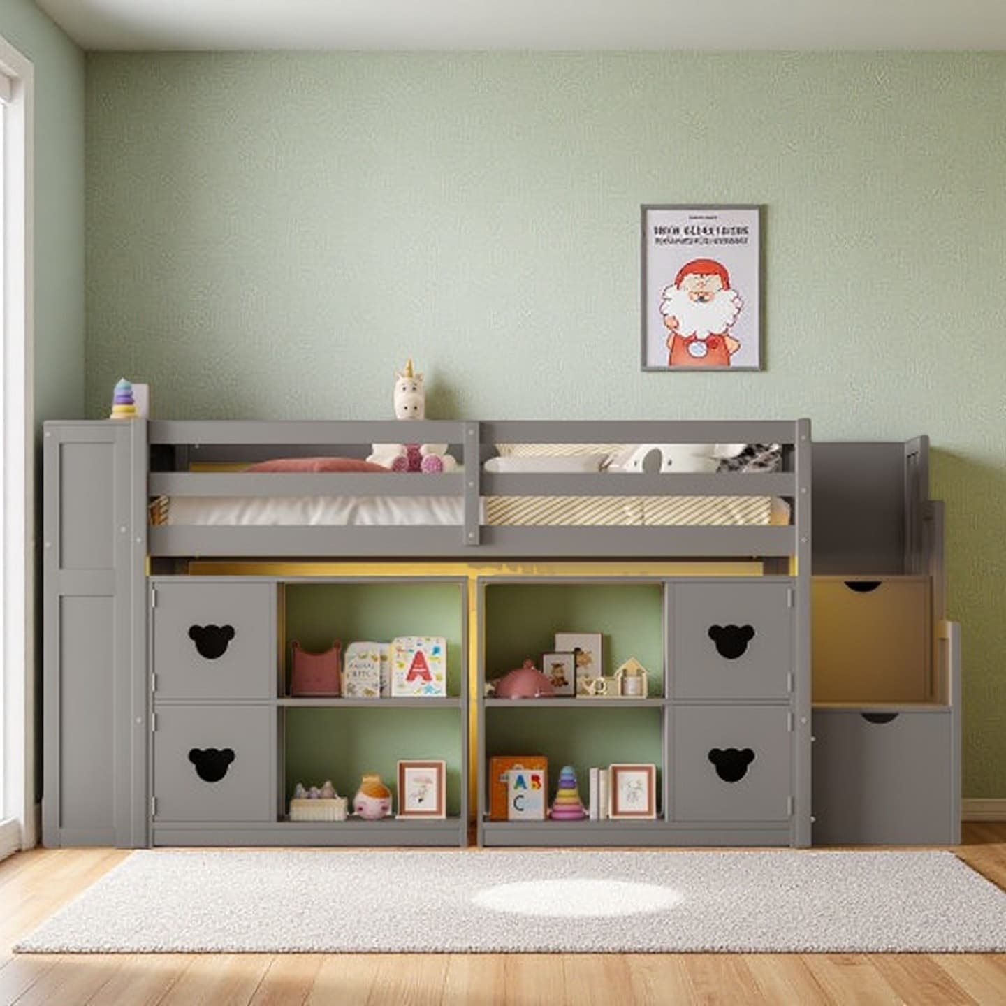 Twin Size Low Loft Bed with Built-in LED Lights, Storage Staircase, Shelves, and Playful Headboard