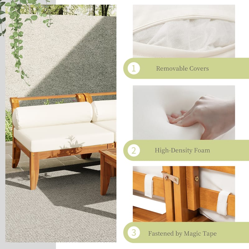 Roomfitters 6-Piece Acacia Wood Outdoor Sofa Set, L-Shaped Sectional with Table, Ottoman, Cushions & Pillows, Teak+Beige