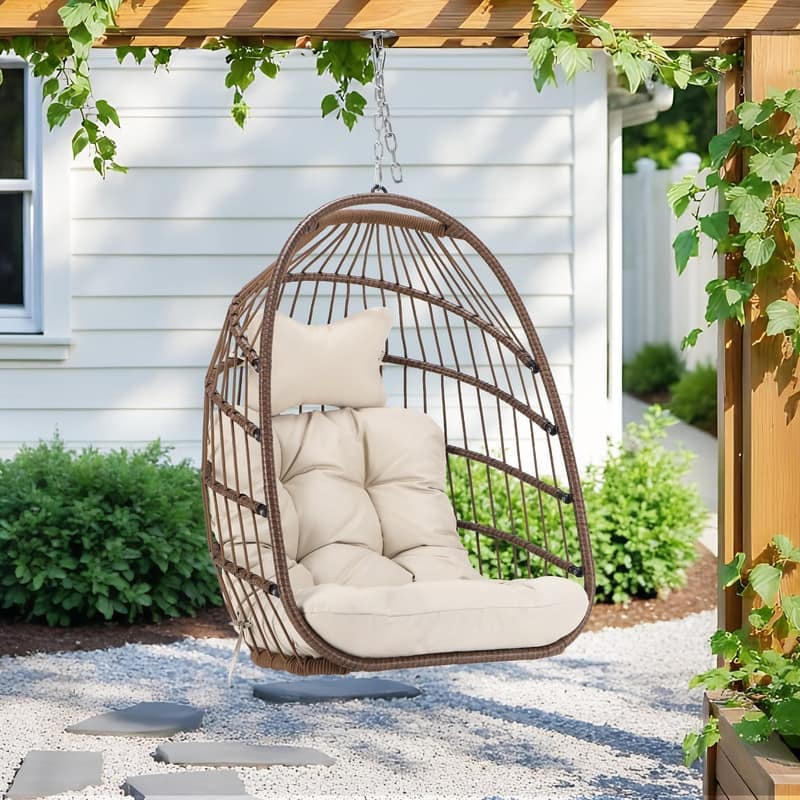 Outdoor Indoor Wicker Foldable Hanging Egg Chair Without Stand, Patio Swing Chair with Cushion, 350 lb Capacity - Brown