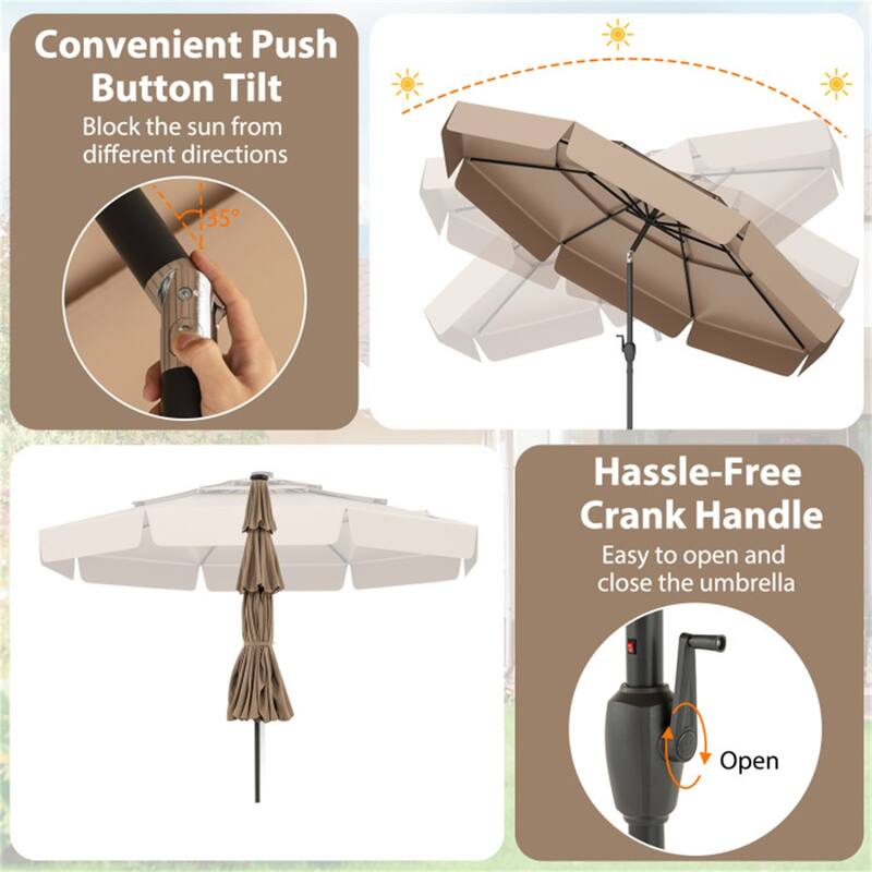 Outdoor 10 ft Umbrella with 3-Tier Venting Solar LED Lights Tilt and Crank for Poolside or Garden