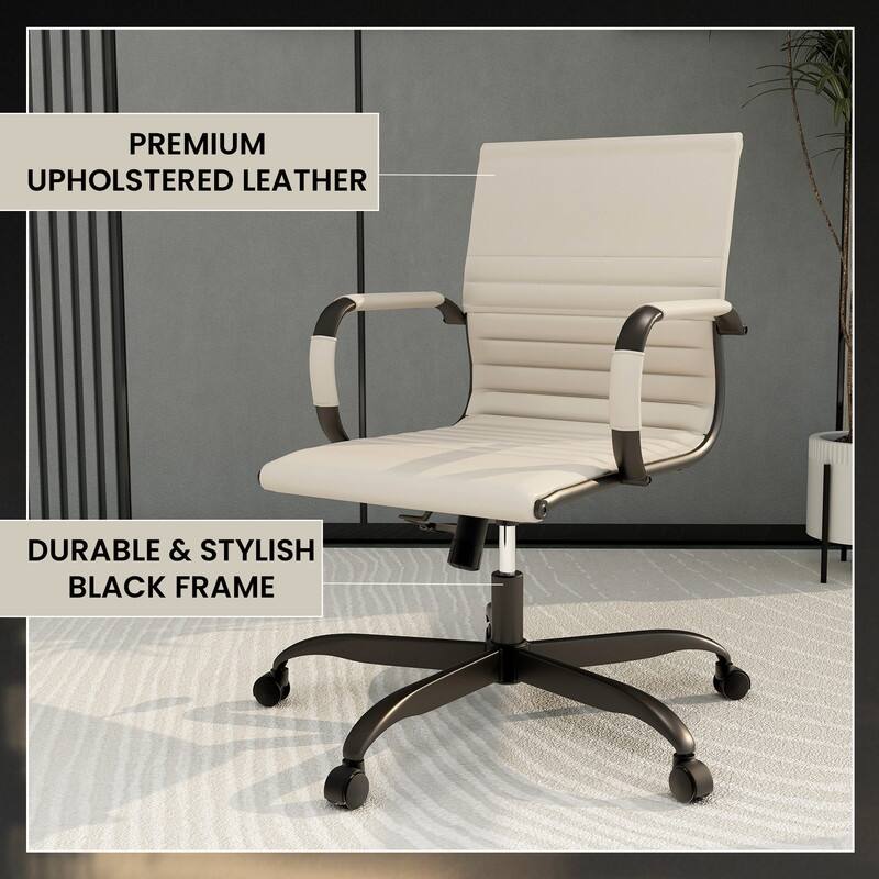 Harris Leather Mid-Back Adjustable Seat Height Office Desk Computer Swivel Chair in Black Metal Frame for Home Conference