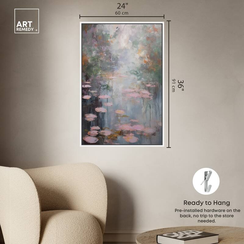 Art Remedy Pink Impressionisty Lilypads Framed Impressionism 1 Piece Canvas Wall Art /Monet And Van Gogh Inspired Art