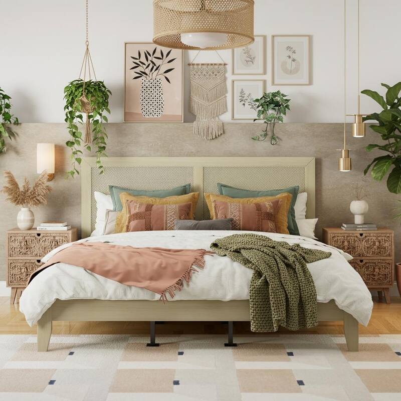 Solid Wood Platform Bed with Handwoven Rattan Headboard by Christopher Knight Home - King