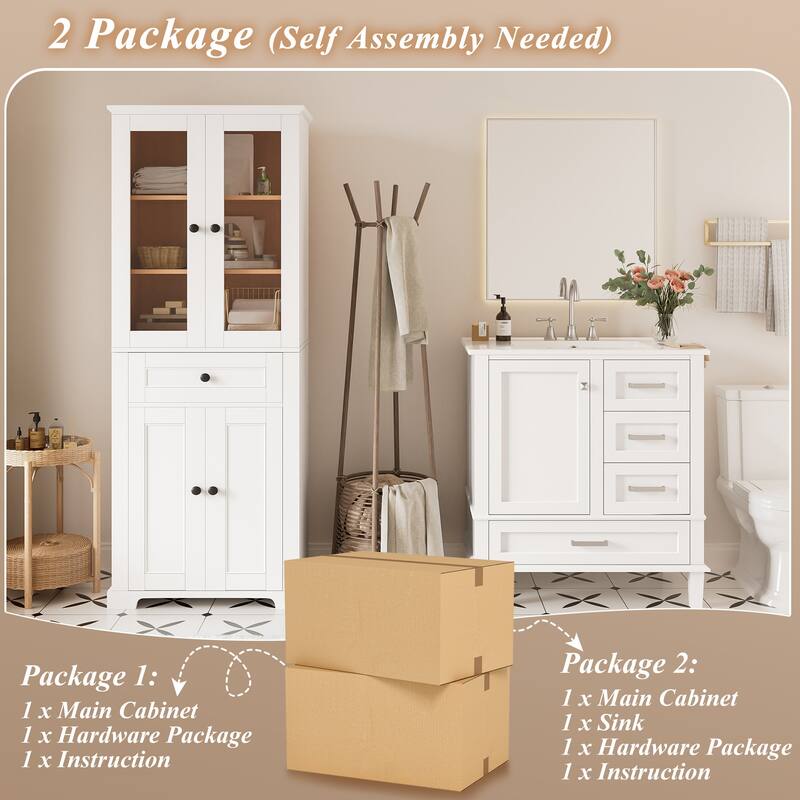 2-Piece Bathroom Storage Set, Tall Bathroom Storage Cabinet and 30" Bathroom Vanity with Ceramic Sink Combo