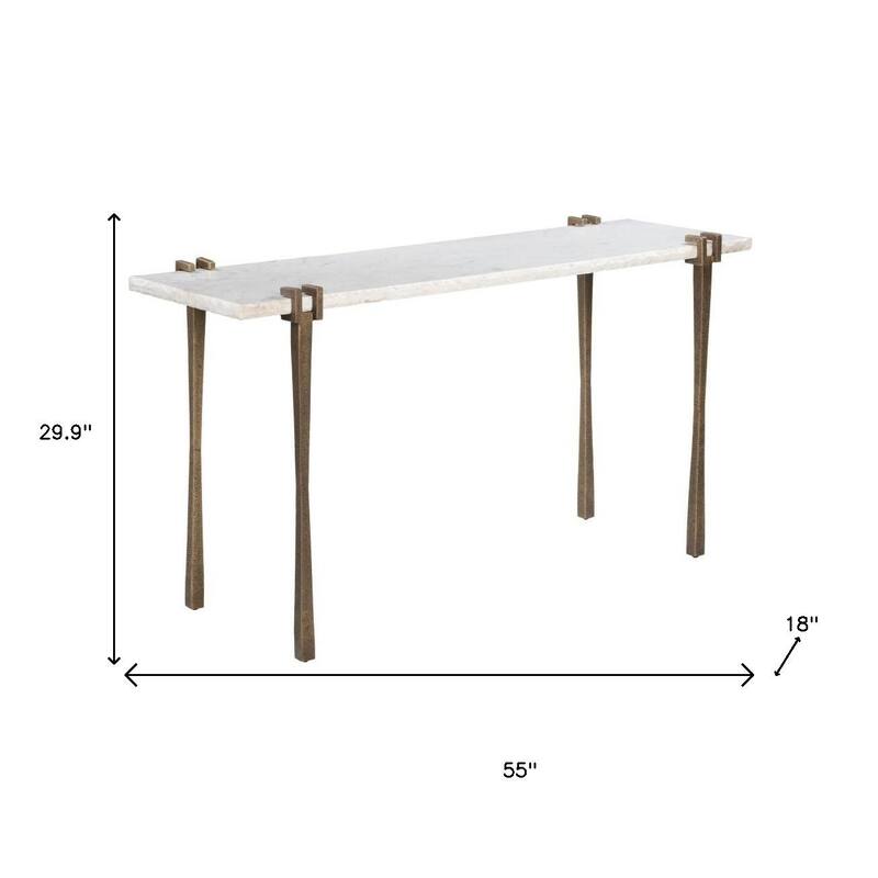 HomeRoots 55" White and Bronze Genuine Marble and Iron Console Table - 55.00 in. x 29.90 in. x 18.00 in.