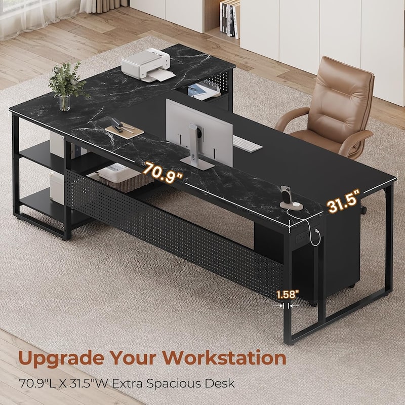 Executive Desk L Shaped Desk File Drawers Power Outlets Computer Desk