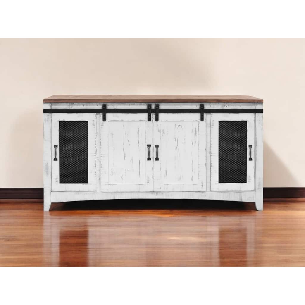 HomeRoots 68" White Solid Wood Cabinet Enclosed Storage Distressed TV Stand - 67.75' X '34.75' X '19