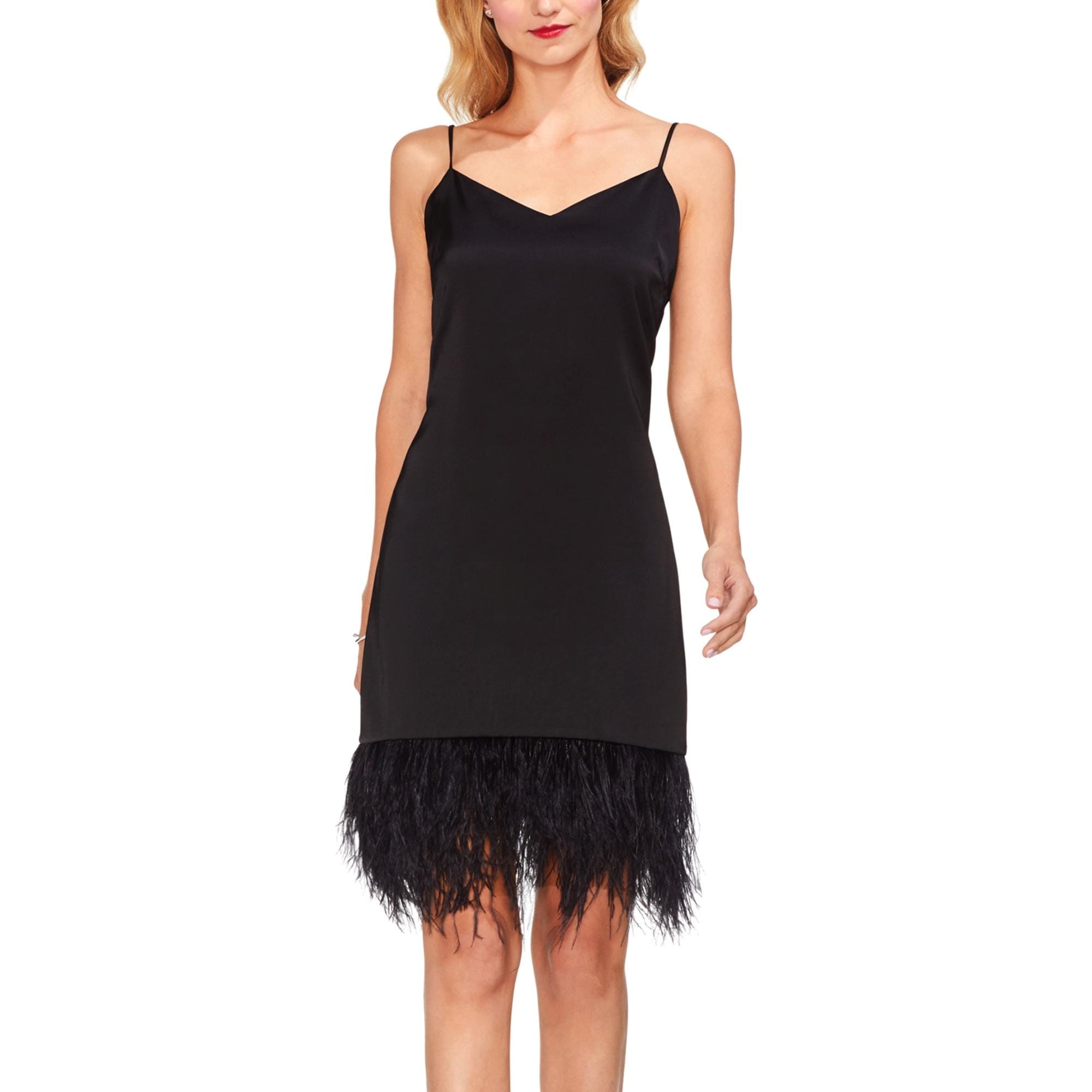 vince camuto feather trim dress