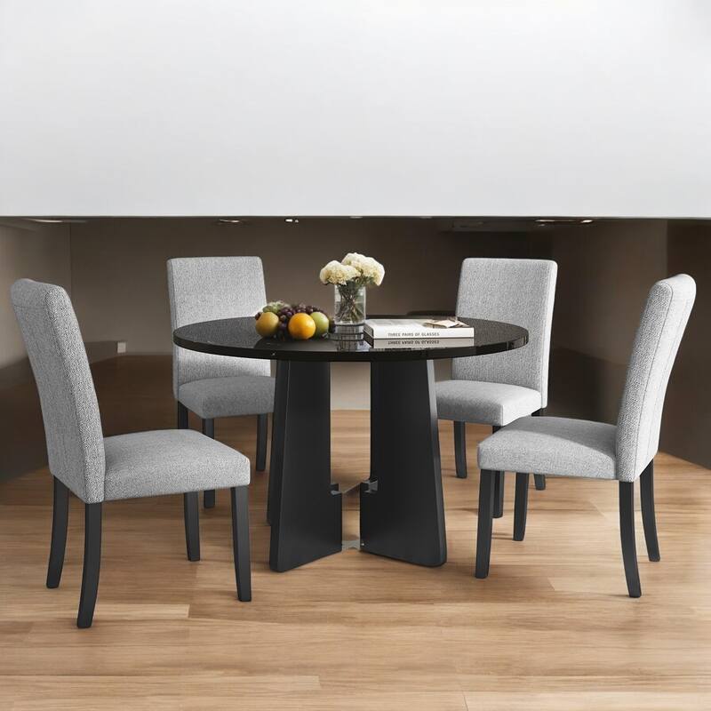5-Piece Round Dining Table Set, 43-Inch MDF Table with 4 Upholstered Chairs for Kitchen, Dining Room, Living Room - Grey+Black
