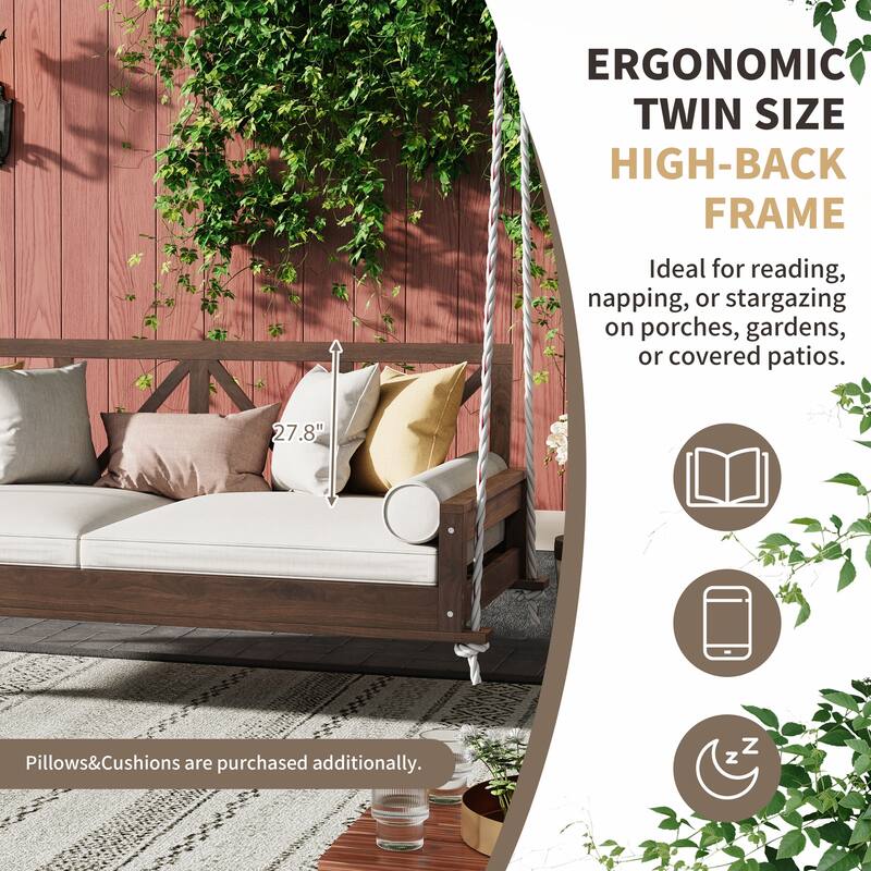 Durable Acacia Wood Twin Size Patio Swing Bed with High Backrest and 16.4ft Hemp Ropes