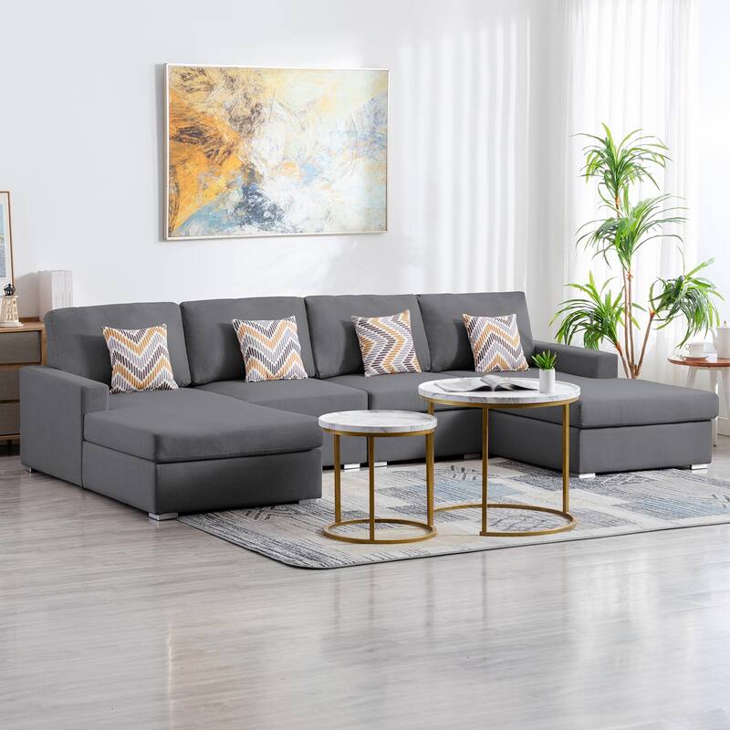Linen Fabric 4 Piece Double Chaise Sectional Sofa with 4 Pillows and Interchangeable Legs