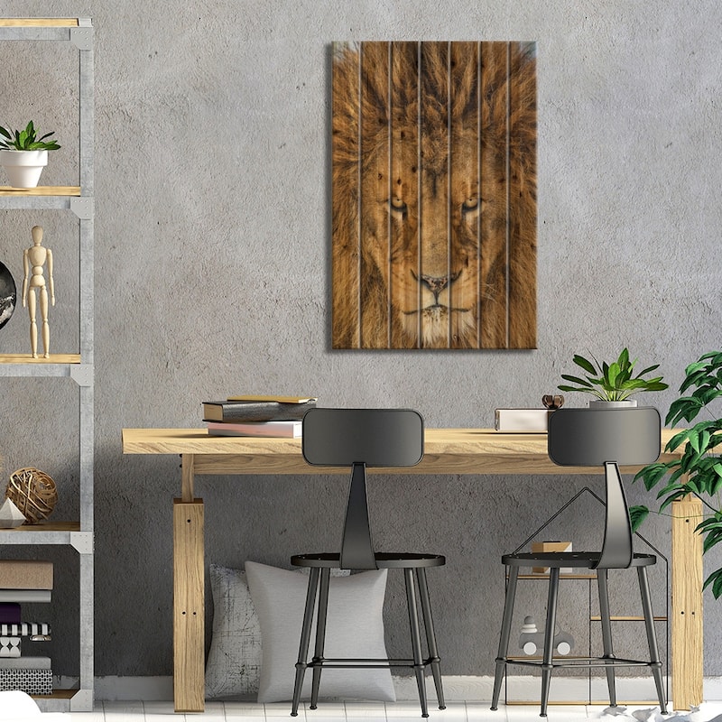 Serious Lion Print On Wood by Mike Centioli - Multi-Color