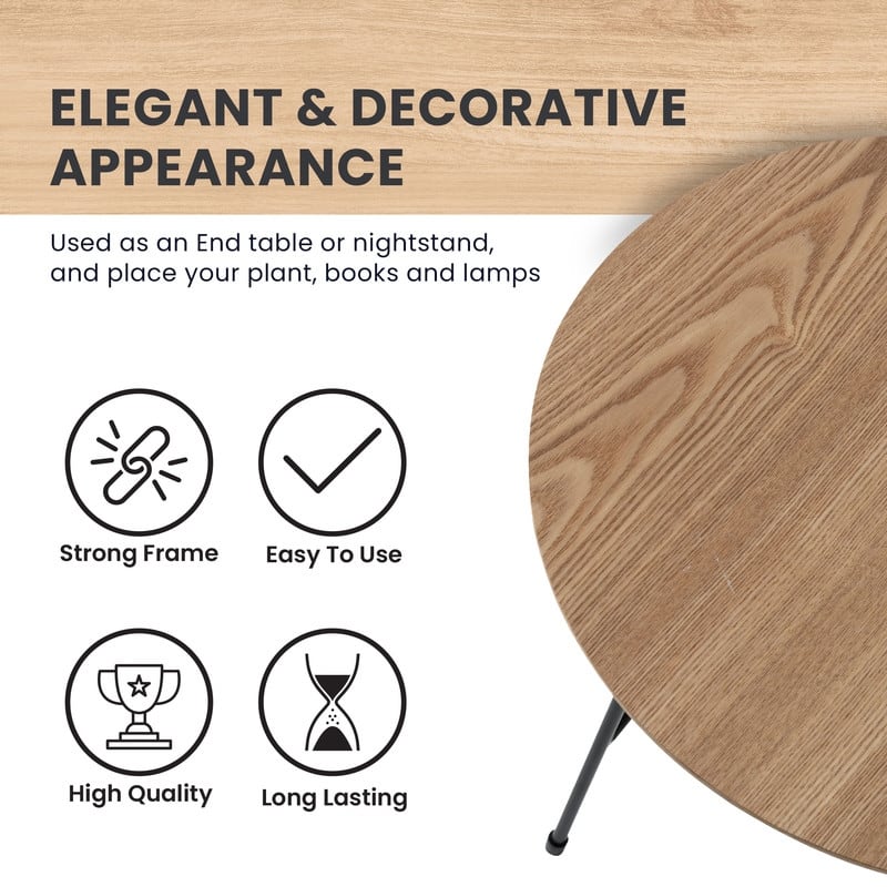 Rossmore Mid-Century Modern Round Ash Wood Veneer Side Table with Steel Frame Accent Table for Living Room, Bedroom, or Office