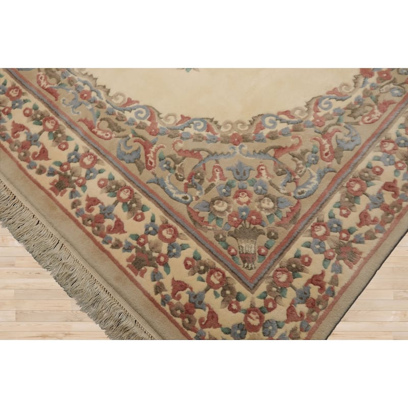 8x10 Hand Knotted Wool Ivory French Aubusson Plush Pile Medallion Rug - 8' x 10'