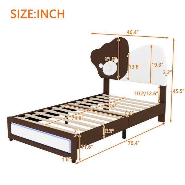 dimension image slide 0 of 2, Twin/Full Size Upholstered Bed,Kid Bed with Carton Shaped Headboard and LED Light Strips