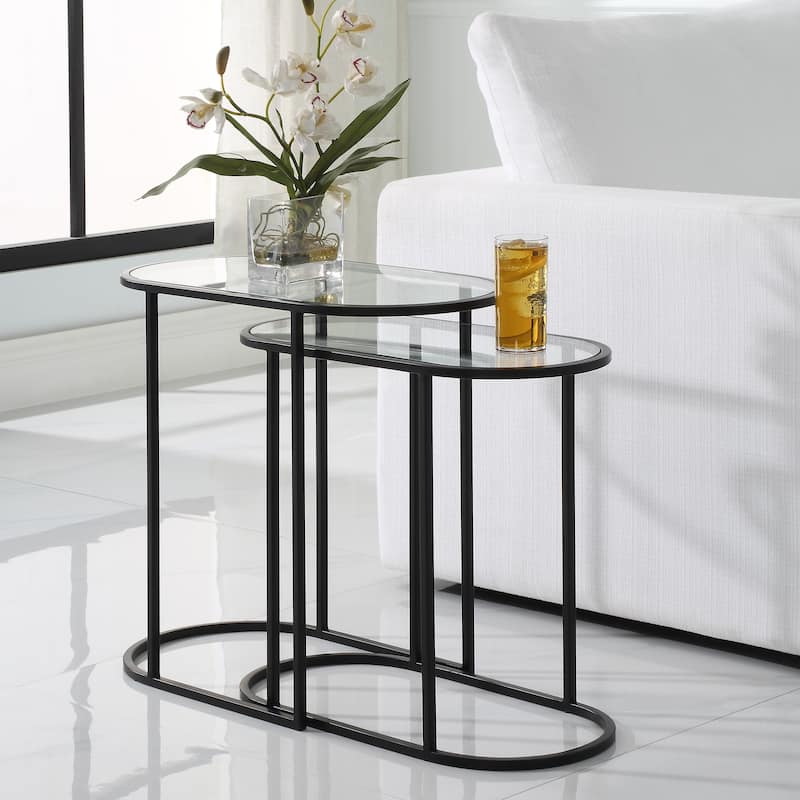 Matte Black Iron and Glass Elongated Oval Nesting Tables (Set of 2) - 22"H x 24"W x 12.5"D