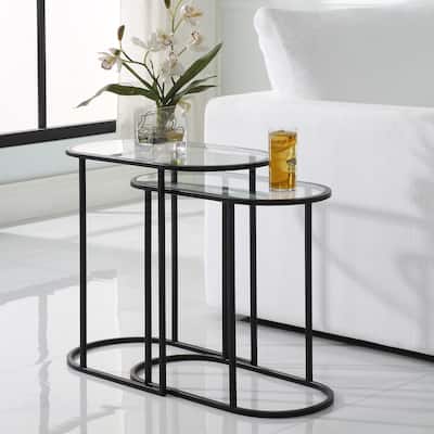 Matte Black Iron and Glass Elongated Oval Nesting Tables (Set of 2) - 22"H x 24"W x 12.5"D