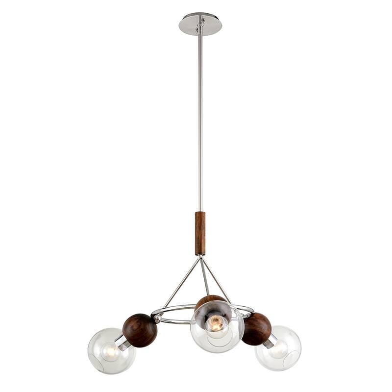 Arlo Polished Stainless Steel and Natural Acacia Chandelier with Clear Glass