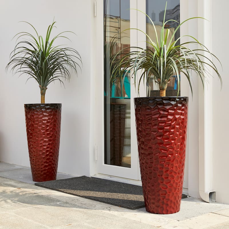 Glitzhome 31"H Set of 2 Oversized Eco-Friendly PP and Stone Honeycomb Textured Red Tall Plastic Planter