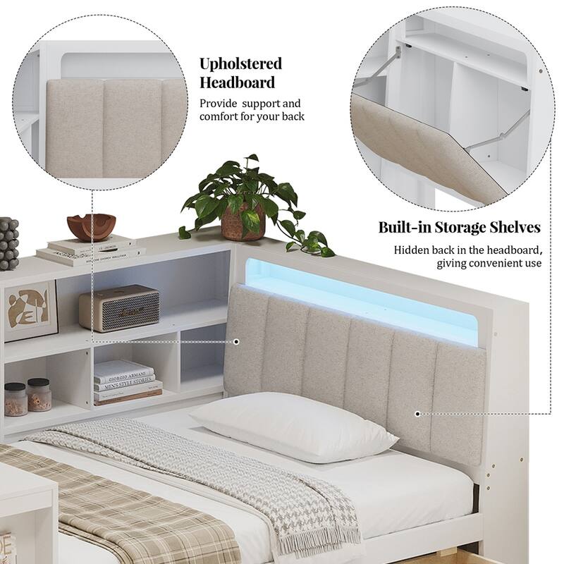 L-shaped Wooden Daybed with Desk and Storage Bookcase