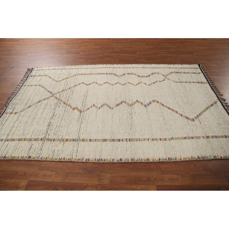 Ivory Moroccan Oriental Area Rug Handmade Wool Carpet - 5'3"x 8'5"