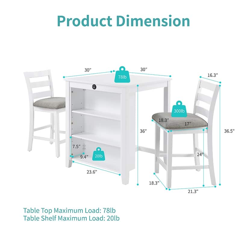 30" Modern Dining Table Set, 2-Seater Charging Station 3-Tier Storage