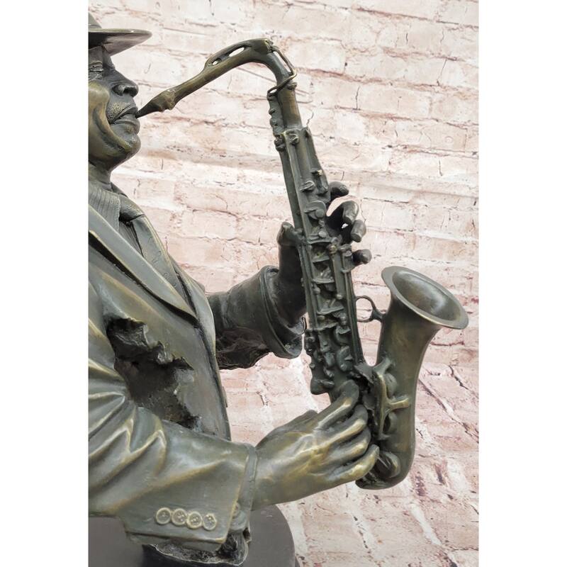 Jazz Saxophone Player Bronze Bust Sculpture On Marble Base