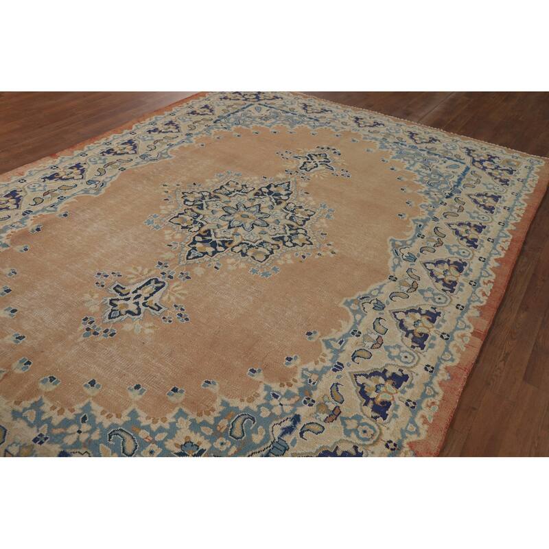 Orange Kerman Vintage Persian Area Rug Hand-Knotted Wool Carpet - 7'0" x 9'10"