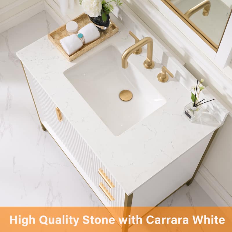 35''H Solid Wood Bathroom Vanity With Carrera White Quartz Top and Sink,White