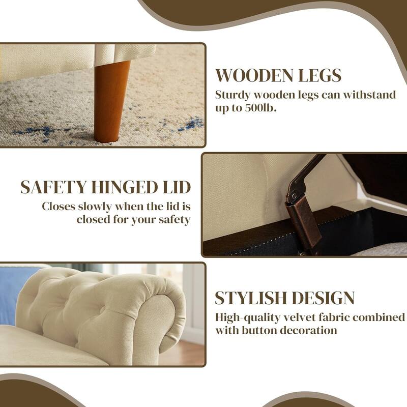 Multipurpose Rectangular Linen Sofa Stool with Large Space Saving Storage, 4 Rubber Wood Feet - 63 x 22.1 x 24.1 inch