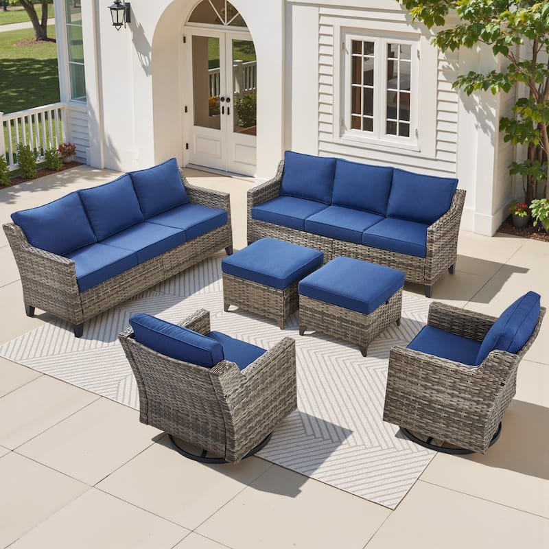 Pocassy Outdoor Patio Furniture Wicker Sofa Swivel Chair Set - Grey Wicker Blue Cushion - 6 Pieces Sofa Swivel Chair with Ottoman