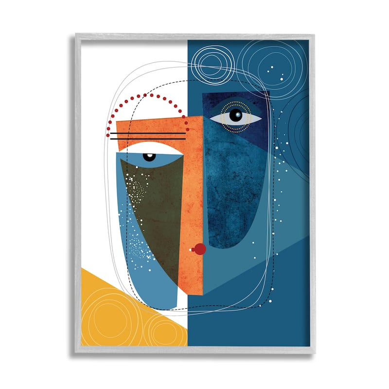 Stupell Modern Facial Abstraction Contrasting Deco Eye Shapes Framed Wall Art - Blue - 16 x 20 - Grey