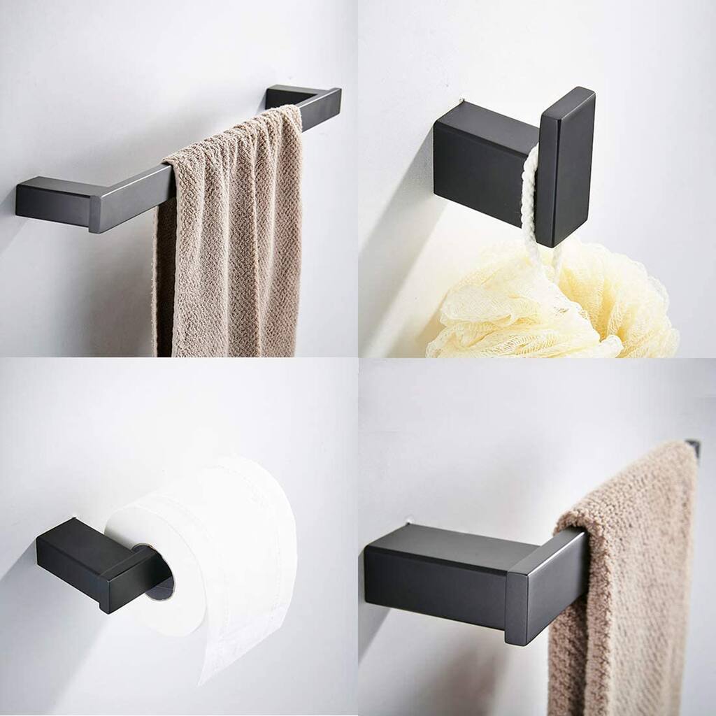 4-Piece Matte Black Bathroom Hardware Set with Toilet Paper Holder and 25.6" Towel Bar in Black