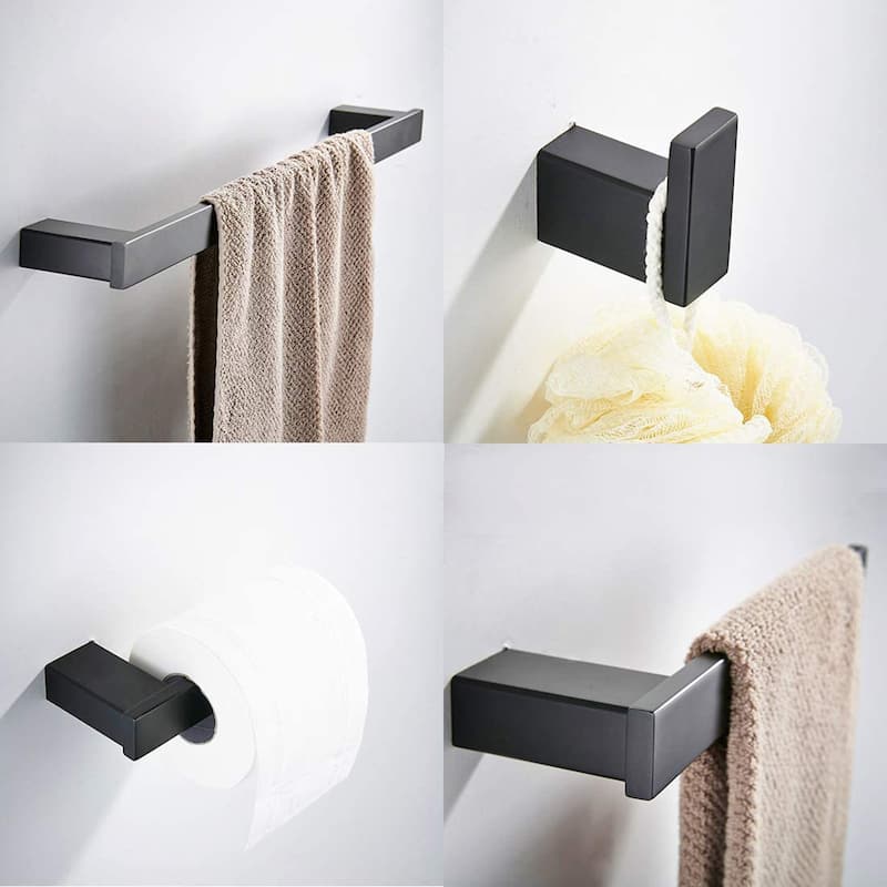 4-Piece Matte Black Bathroom Hardware Set with Toilet Paper Holder and 25.6" Towel Bar in Black - Matte Black