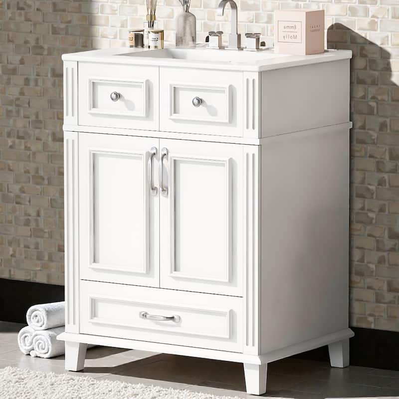 24 Inch Bathroom Vanity with Ceramic Sink, Solid Wood Frame, Soft Close Doors and Drawer, Retro Bathroom Cabinet - White