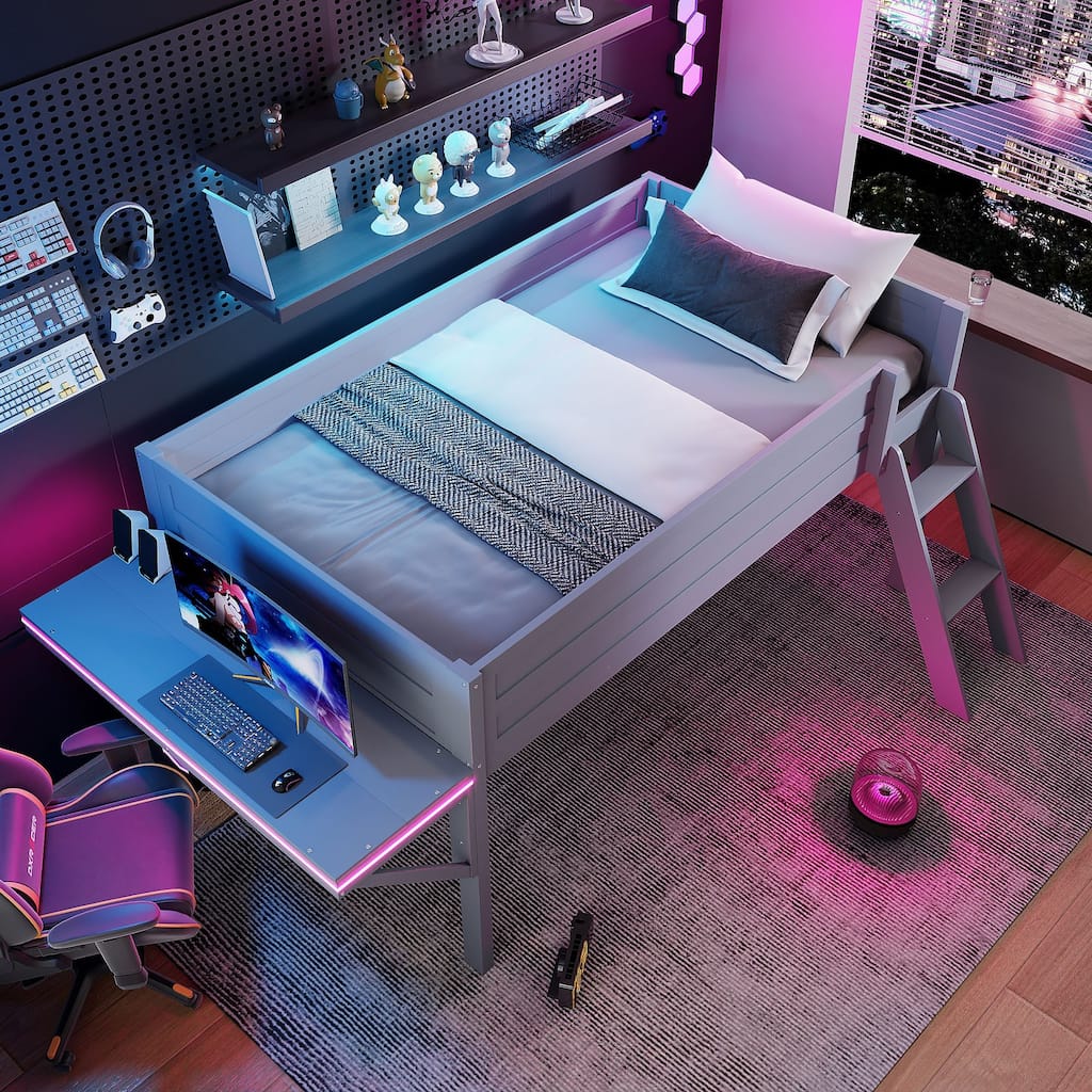 Grey Twin Size Gaming Loft Bed with Integrated Desk and LED Lighting, Storage Space for Consoles