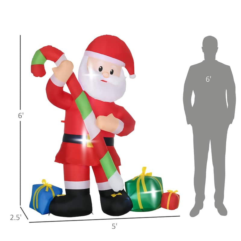 HOMCOM 6ft Christmas Inflatables Decorations Santa Claus with Candy Cane, Blow-Up Outdoor LED Yard Display