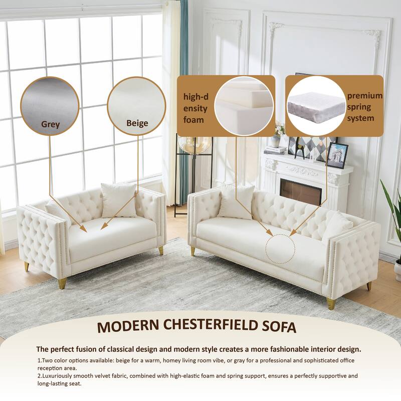 Roomfitters 80" and 58" Modern Tuxedo Sofa and Loveseat Set, Buttoned Back Couch with Gold Legs and Nailhead Trim