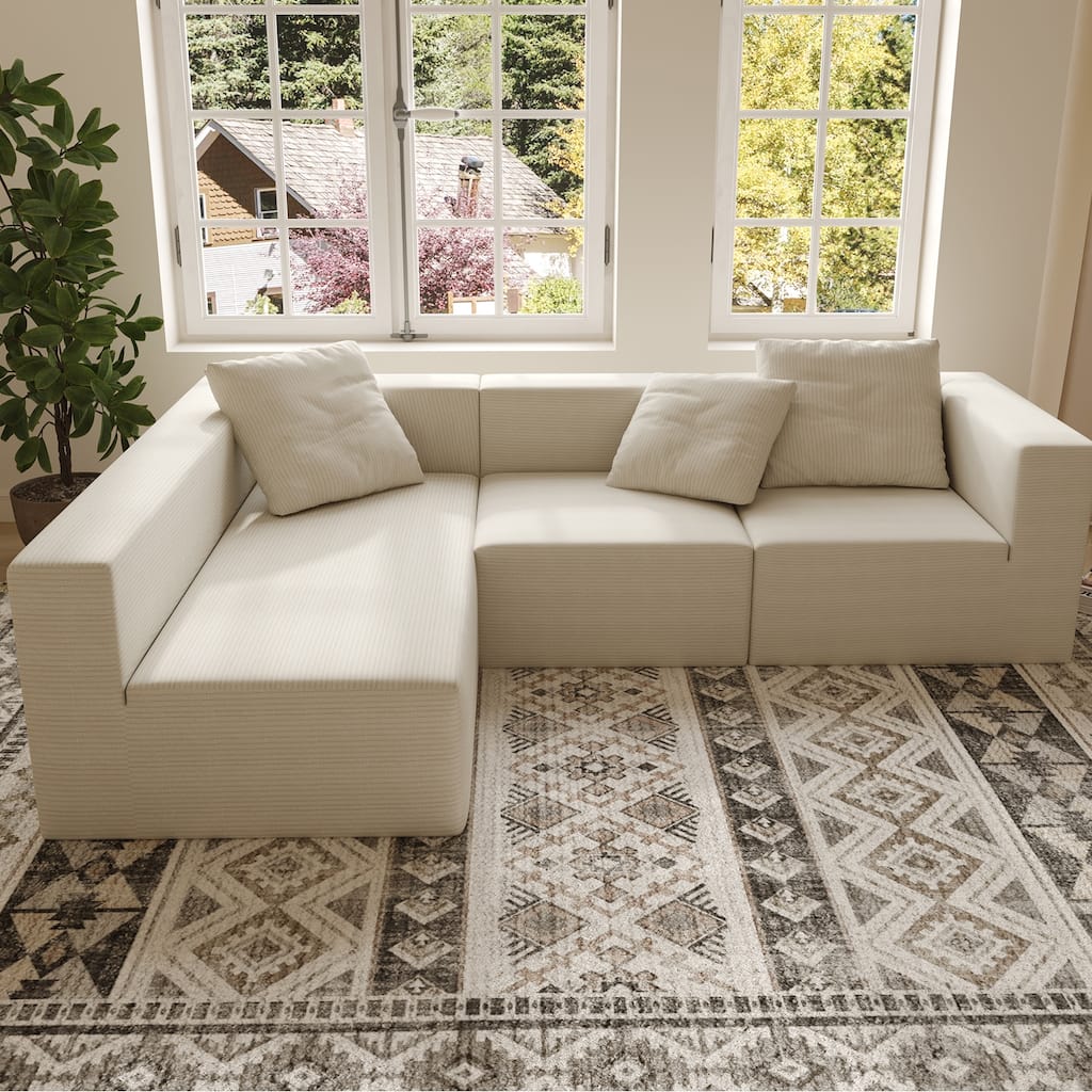 Corduroy Chaise Sectional Couch Convertible into Sleeper Sofa Bed, Deep Seating Modular Compression Sofa for Living Room
