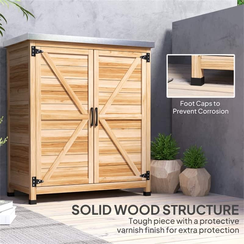 Fir Wood Garden Storage Bench with Galvanized Worktable - 31.1" W x 16.9" D x 36.2" H
