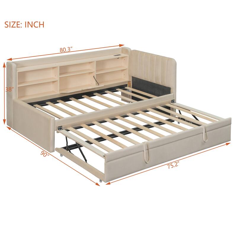Twin Size Velvet Upholstered Daybed with Pull Out Trundle, Built In Storage and Charging Station