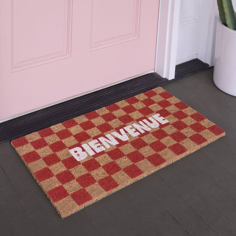 Bienvenue Checkered 18" x 30" Doormat - 18" x 30" - 18" x 30" - Red