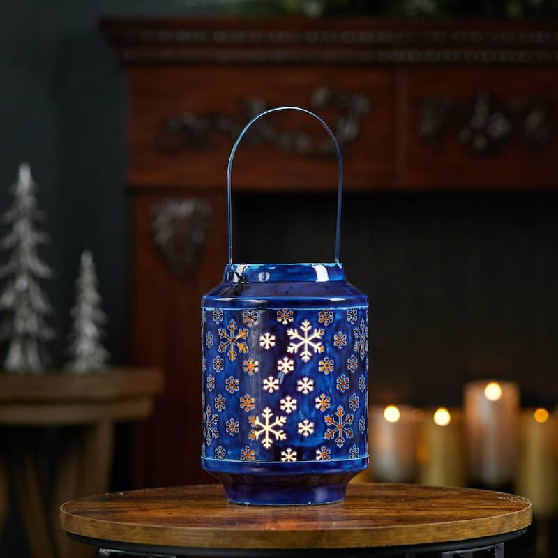 Snowflake Punched Metal Candle Lantern - 9.75" - Blue