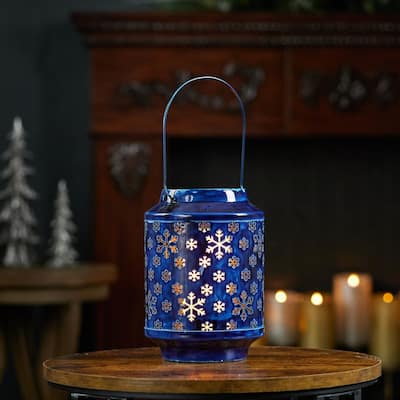 Snowflake Punched Metal Candle Lantern - 9.75" - Blue