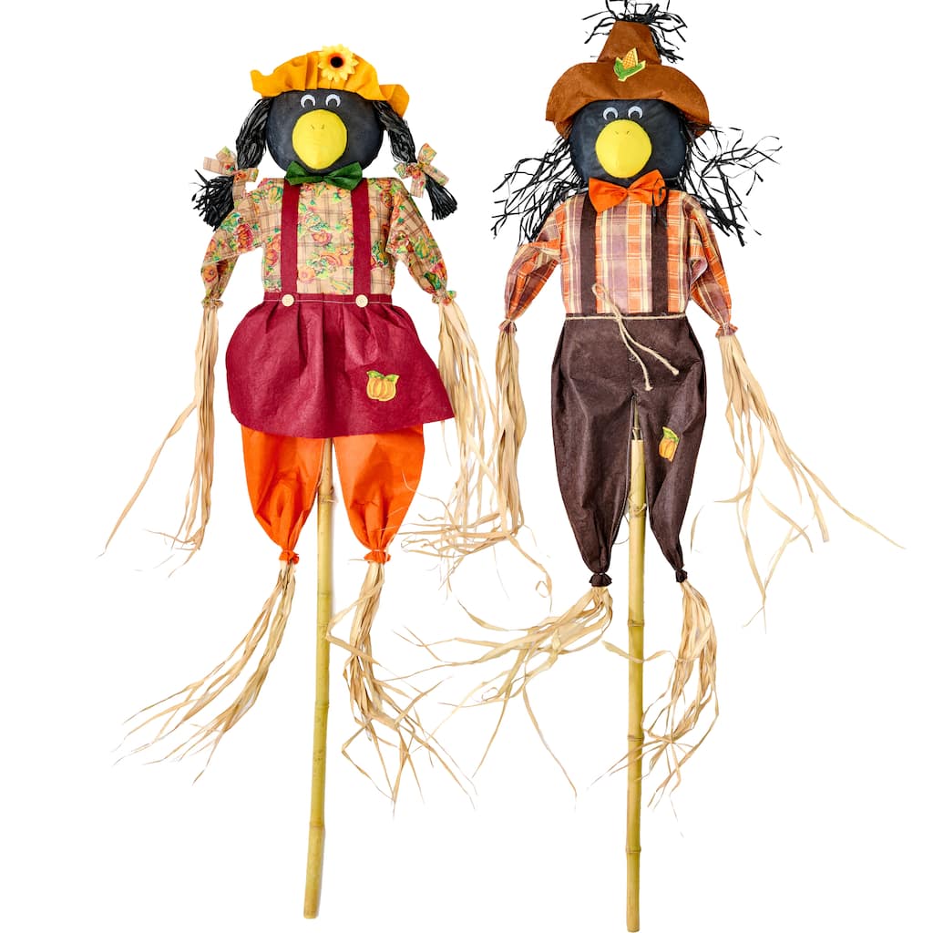 60" Crow Scarecrow on Pole, Set of 2